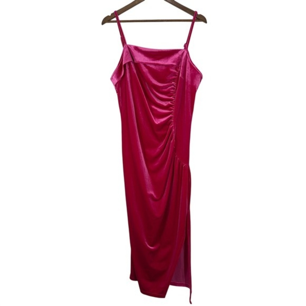 Cider Fuscia Pink Midi Dress Velvet Square Neck Rouched‎ Side Slit Formal NWT